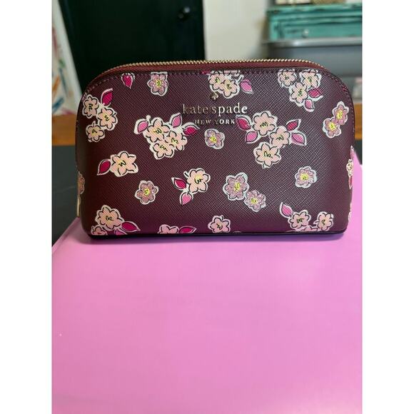 Kate Spade Tinsel Cosmetic Makeup Case Deep Berry  Frosted Floral - Picture 1 of 7
